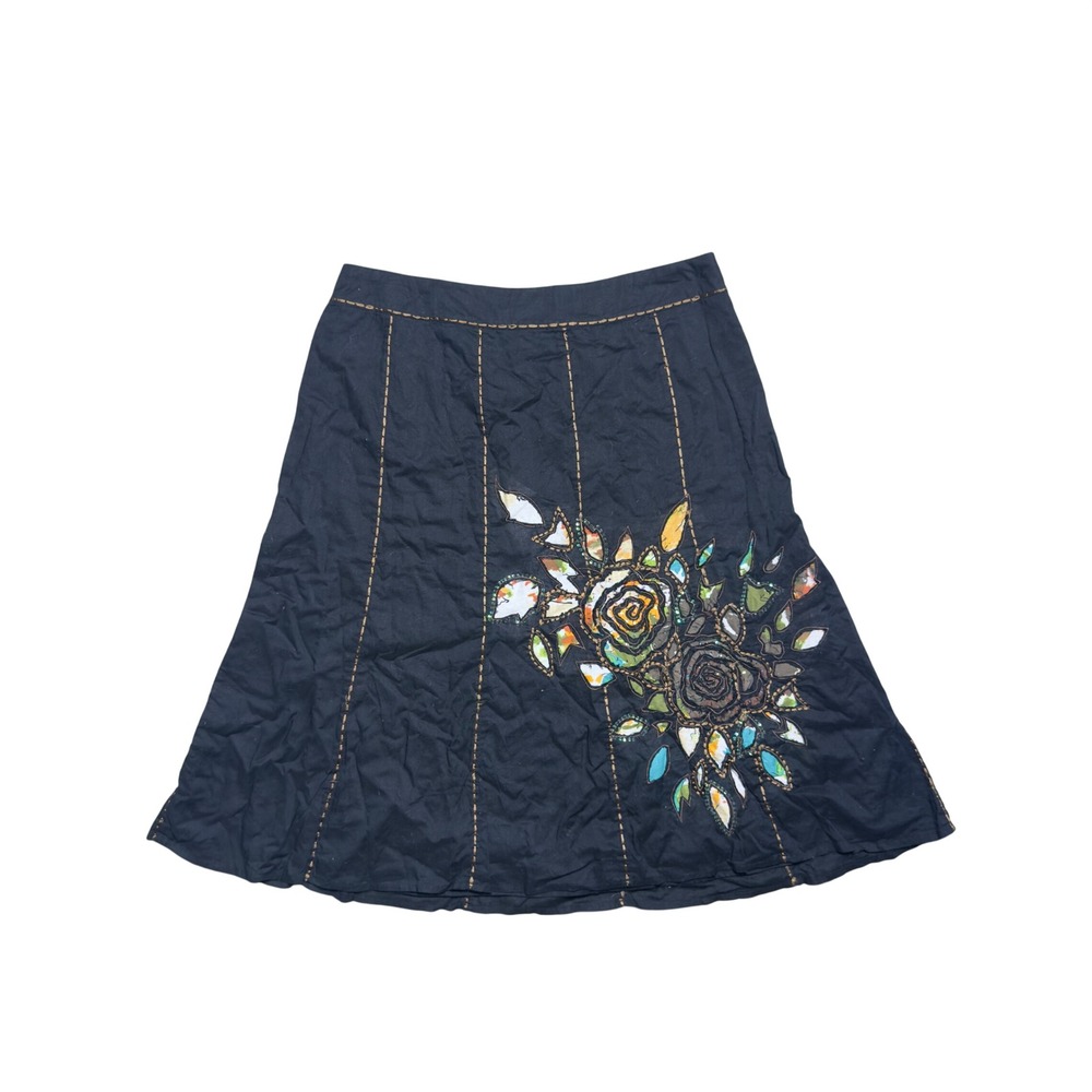 Tribal Black Floral Applique Sequin Midi Skirt